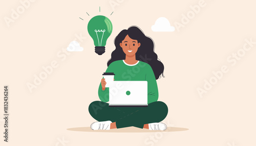 Creative freelance woman working remotely on her laptop has a brilliant green lightbulb moment, symbolizing a new innovative idea