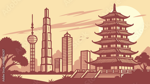 Shanghai skyline vector featuring pagoda and tall buildings in an asian cityscape. Perfect for travel brochures, posters, and presentations.