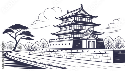 Shanghai skyline vector with a japanese castle wall and picturesque skies. Suitable for travel brochures, city guides, and culturalthemed designs.