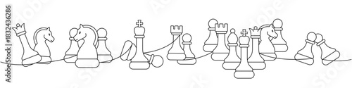 Wide seamless continuous line chess design with multiple pieces in strategic abstract composition