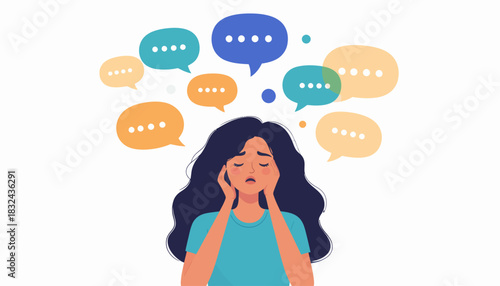 Anxious woman feeling overwhelmed by a multitude of thoughts, external opinions, and communication pressure