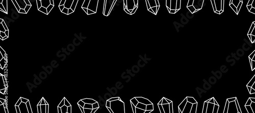 Mystical crystals banner. Magic gem stones, diamond and jewel crystals. Gemstones, amethyst, ruby, sapphire, emerald, topaz and quartz.