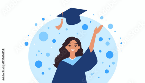 Happy graduate in cap and gown celebrating success with confetti and bokeh lights