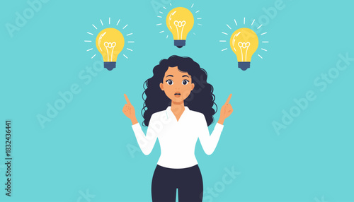 Illustration of a focused woman generating a multitude of brilliant ideas, with three glowing light bulbs symbolizing innovation, inspiration, and strategic problem-solving