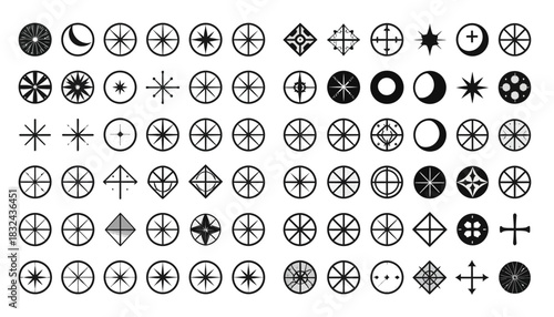 Collection of Abstract Geometric Symbols and Circular Emblems Featuring Celestial and Star Patterns