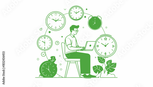 Efficient Time Management for Productivity A Man Working on Laptop Surrounded by Clocks