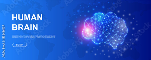 Human brain polygonal horizontal banner. Mind low poly symbol for promotion banner. Organ design template illustration.