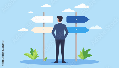 A businessman stands at a pivotal crossroads, contemplating multiple future paths and crucial strategic decisions for his career and organizational direction, symbolizing the weight of choice