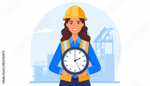 Female Construction Worker Holding Clock Punctuality and Project Management Concept