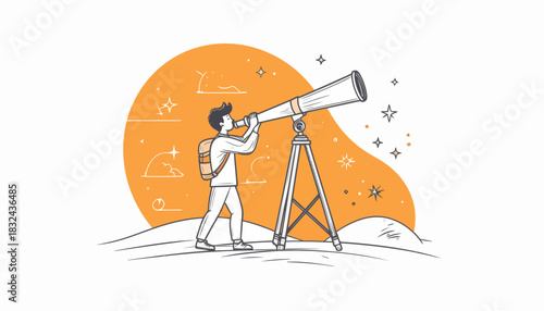 Illustration of a person looking through a telescope into the starry night sky, symbolizing discovery and exploration