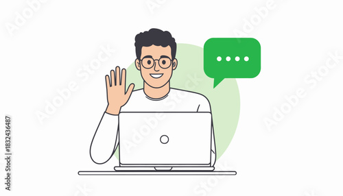 Vector illustration of a smiling man in glasses working on a computer and waving hello during a virtual meeting or online chat