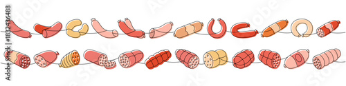 Smoked sausages set. Sausages products one line colored continuous drawing. Vector illustration