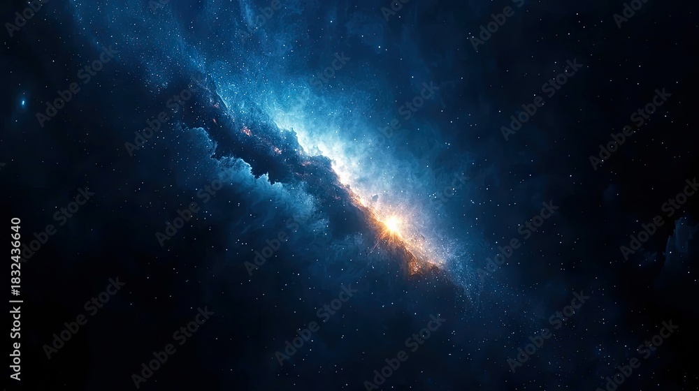 Naklejka premium A stunning view of a nebula in space, with bright light emanating from the center and a dark, atmospheric background.