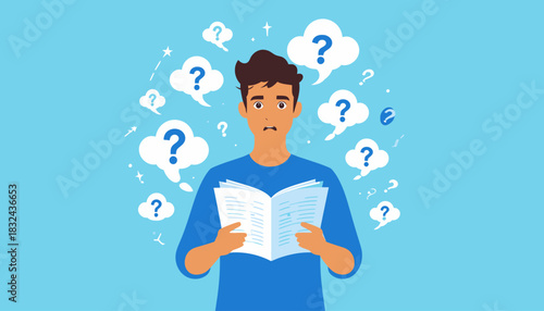 Illustration of a bewildered young man struggling to comprehend a book, surrounded by question marks symbolizing confusion and learning difficulties
