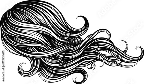 Detailed Black and White Vector Illustration of Long, Flowing Wavy Hair with Curls, Ideal for Beauty Salon Logos, Hair Care Products, and Elegant Fashion Design Graphics