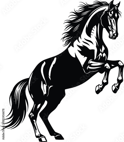 Detailed Black Silhouette Vector Illustration of a Wild Horse Rearing Up on its Hind Legs, Ideal for Equestrian Logos, Power Symbolism, Masculine Graphics, and Racing Design Content