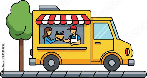 Young couple actively participates in waste sorting near food truck