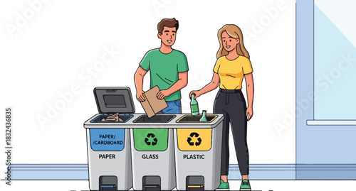 Man and woman recycling paper, glass, and plastic trash