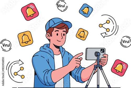 Young man creating viral content for social media with smartphone on tripod surrounded by notification and share icons.