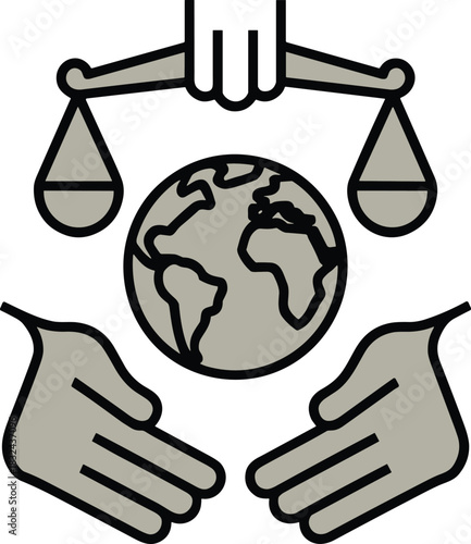 Global justice illustration, balanced scale, Earth protection, supportive hands, symbolic design, humanitarian concept, environmental care, fairness icon, unity theme
