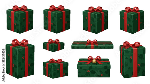 A collection of festive gift boxes, wrapped in green paper with red patterns, tied with ribbons
