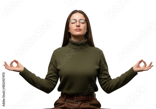 Woman Meditating with Eyes Closed and Hands in Mudra Pose.
