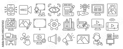 Outline icons of multimedia, video editing, content creation, image files, recording, communication, and digital design. vector line
