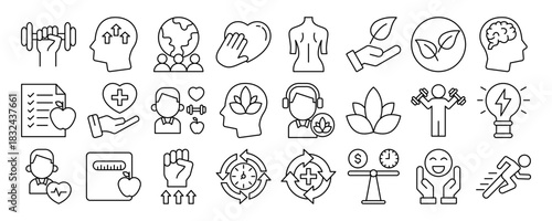 healthy living icon collection set. Containing wellness, mental health, fitness, meditation, healthcare, sustainability, self-improvement, balance, and healthy lifestyle. outline vector