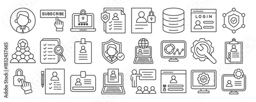 user account icon collection set. Containing security, user login, profile management, analytics, documents, and digital access elements. line illustration