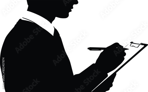 Black Silhouette Vector Illustration of a Professional Man in a Suit Writing on a Clipboard, Perfect for Business, Survey, Inspection, and Customer Service Content Designs
