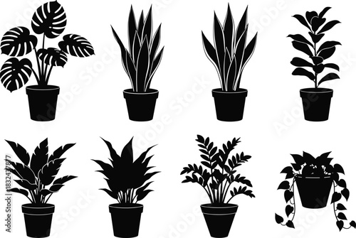 Black silhouette set of decorative indoor potted houseplants with unique leaf shapes for botanical, minimalist, and modern home design themes.
