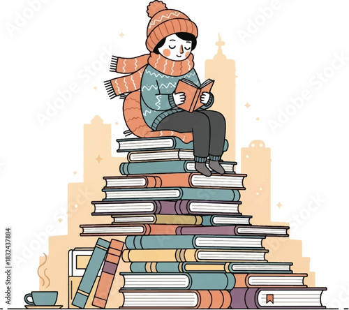 A person, warmly dressed in winter attire, reads a book while seated atop a stack of books.