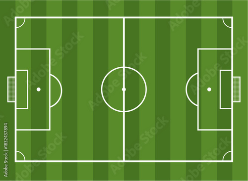 Detailed vector illustration of a full soccer field layout with marked boundaries, center circle, penalty areas, goals, and striped green grass pattern viewed from above