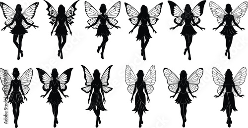 Black Silhouette Vector Set of Beautiful Flying Fairies with Various Wings, Ideal for Fantasy Design, Children's Books, Tattoo Art, and Magical Graphic Content