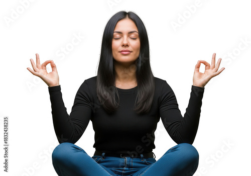 Young Woman Meditating in Lotus Position with Eyes Closed.