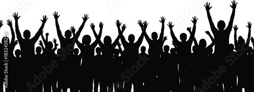 Cheering crowd silhouette illustration, raised arms celebration sketch, unity and joy pose design, public 