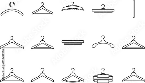 Clothes hanger icon collection, various black vector styles for garment storage, closet organization, fashion display, isolated on white background