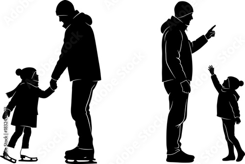 Black and white silhouette of a father holding his daughter's hand while ice skating, and an adult pointing direction while interacting with a child, isolated on white background, vector illustration.