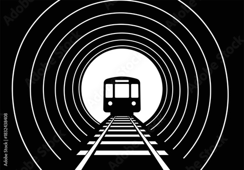 Black and white silhouette of a metro train in a long tunnel with abstract concentric circles creating a feeling of speed, arrival, and fast public transportation, isolated on white background, 