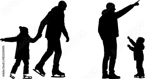 Black and white silhouette of a father ice skating and holding his child's hand, alongside an adult pointing while a child looks up, isolated on white background, vector illustration.