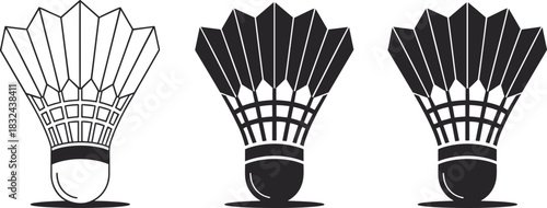 Black and white badminton shuttlecock vector illustration, minimalist sports equipment design, isolated shuttle silhouette icons, modern flat style, graphic art