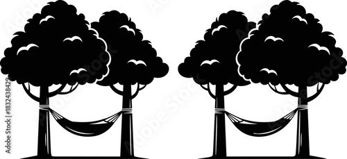Black and white silhouette of two hammocks tied between pairs of lush trees, symbolizing relaxation, nature, summer vacation, and outdoor leisure, isolated on white background, vector illustration.