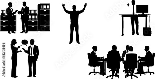 Black and white silhouette set of various business people activities including teamwork, meeting, discussion, standing with raised hands, and working at a desk, isolated on white background, 