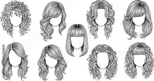 Collection of detailed women’s hairstyle illustrations featuring curly, wavy, straight, layered, and fringe designs, elegant fashion hair vector set for beauty concepts