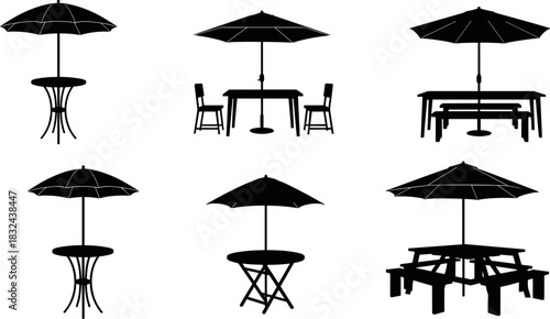 Black and white silhouette set of various outdoor furniture including tables, chairs, benches, and sun umbrellas for patio, cafe, or garden, isolated on white background, vector illustration.