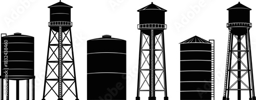 Black and white silhouette set of various industrial water storage towers and cylindrical tanks for liquid supply and agriculture, isolated on white background, vector illustration.