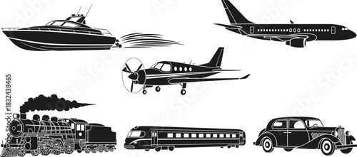 Black and white silhouette set of various transportation modes including yacht, passenger airplane, propeller plane, steam locomotive, modern train, and vintage car, isolated on white background, 