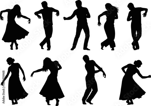 Black and white silhouette set of various people dancing in dynamic poses, including men and women in long dresses, representing music, performance, and celebration, isolated on white background, 