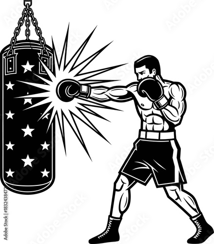 Black and white vector illustration of a powerful muscular boxer delivering a strong punch to a heavy hanging punching bag, symbolizing training, strength, fitness, and combat sports, 