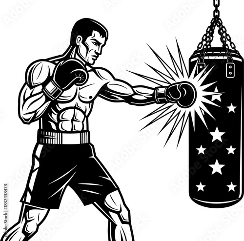 Black and white vector illustration of a professional boxer throwing a powerful jab at a hanging heavy punching bag, emphasizing athletic build, determination, 